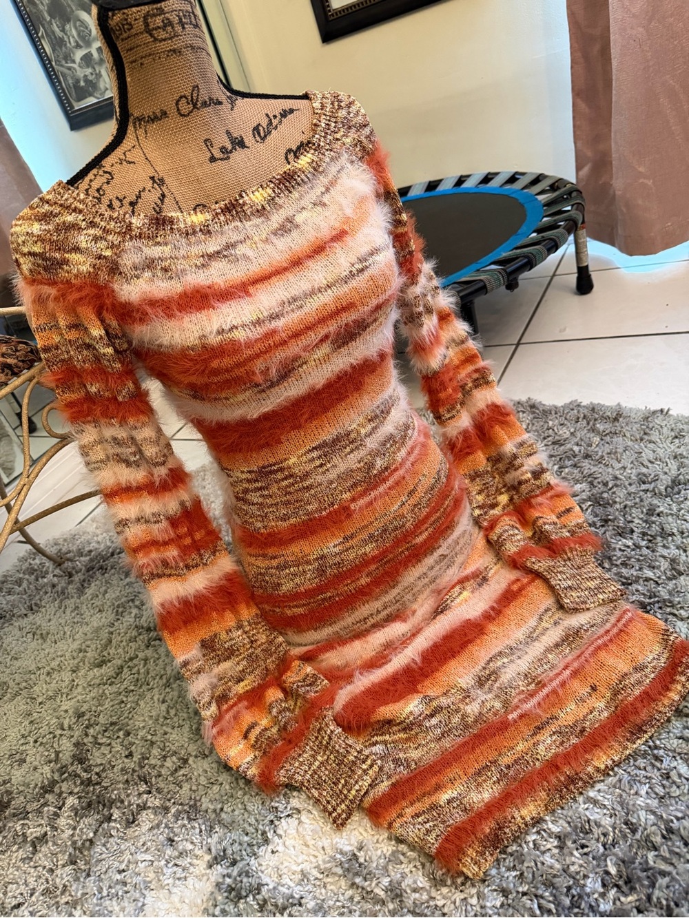 Fashion Nova Fuzzy Striped Knit Bodycon Dress - Orange, Beige, Brown